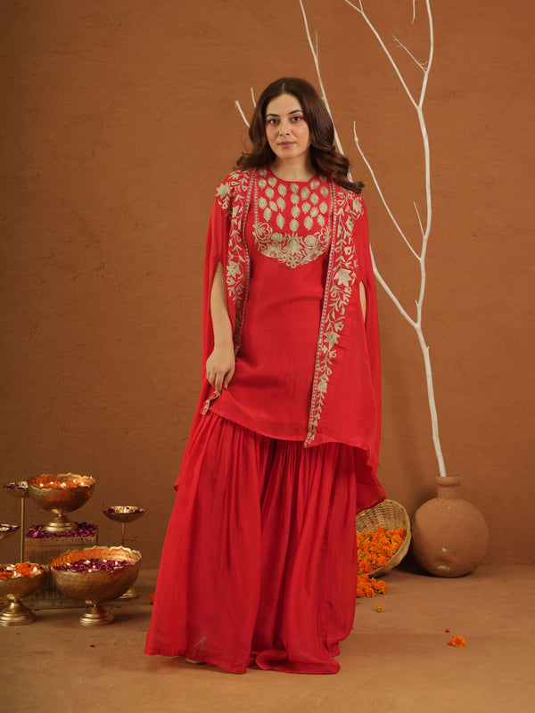 Meherbaan Red Zariwork Sharara Jacket Set
