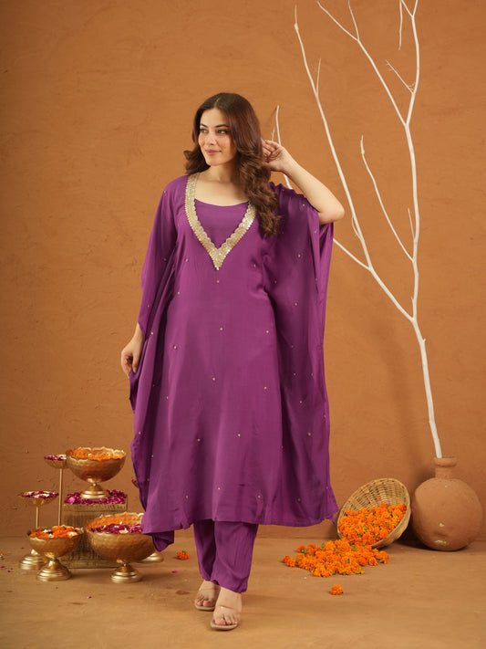 Kohinoor Purple Maslin Aari Kaftan Set