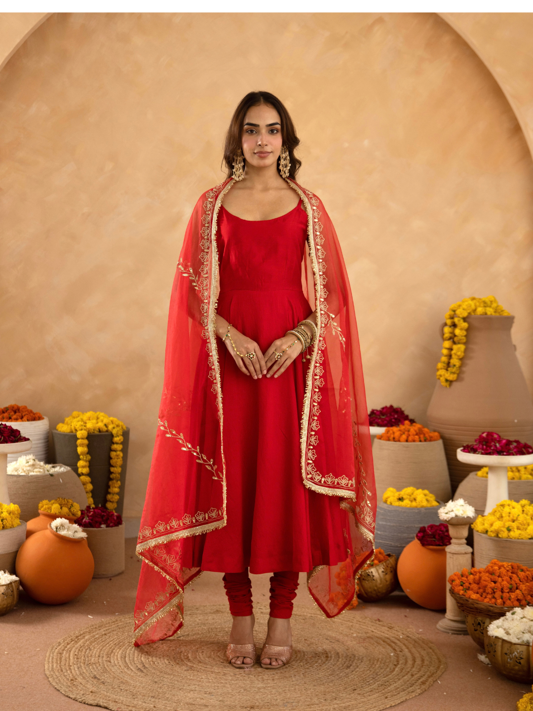 Red Chanderi Anarkali with Aari Work & Sequin Embellished  Dupatta