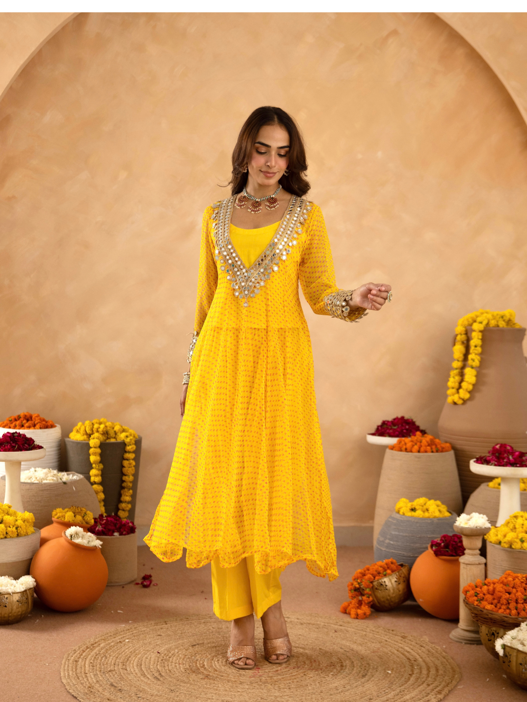 Yellow Chiffon Bandhej Mirrorwork Kurta Set