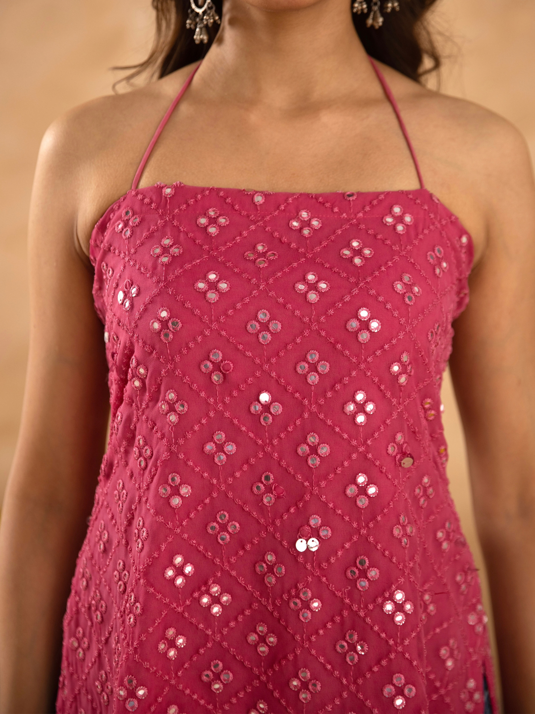 Rose Pink Mirrorwork Chikan Short Kurti