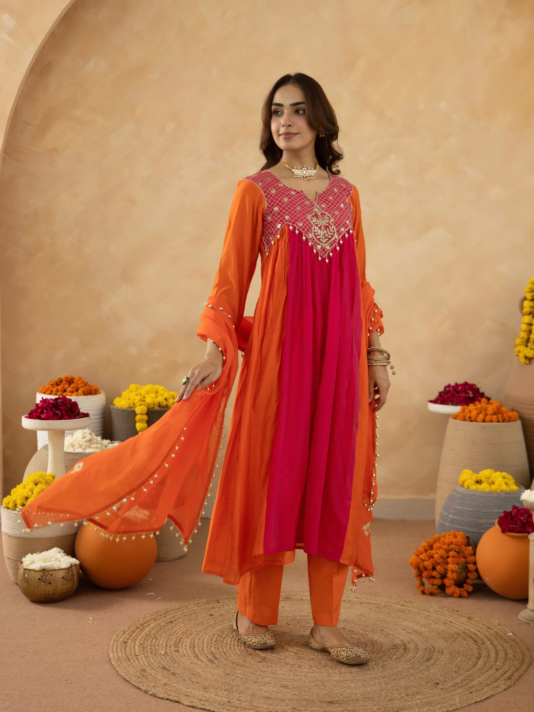 Orange Chanderi Aari & Handwork Gathered Kurta Set