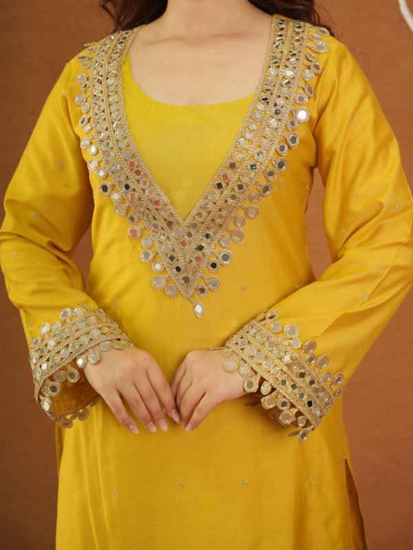 Sheeshmahal Yellow Chanderi Mirrorwork Suit Set