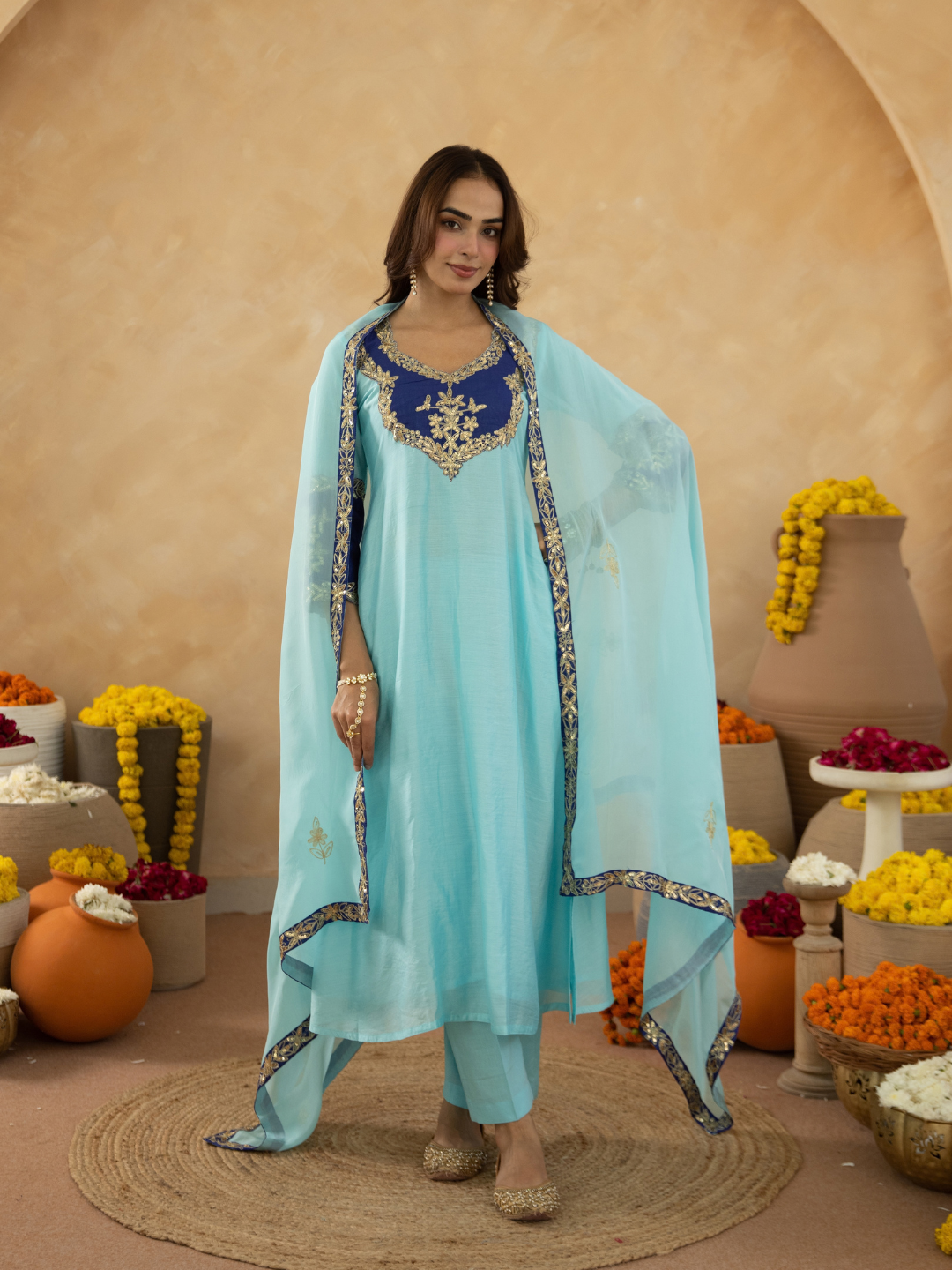Sky Blue Chanderi A-Line Kurta Set with Handwork Detailing &  Organza Dupatta