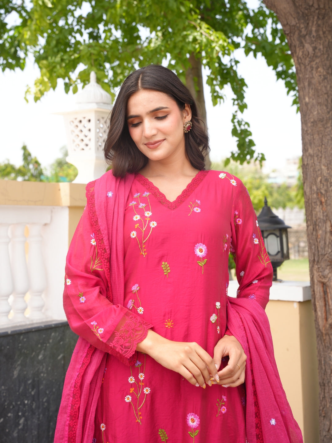 Dark Pink Chanderi Floral Embroidered Kurta Set