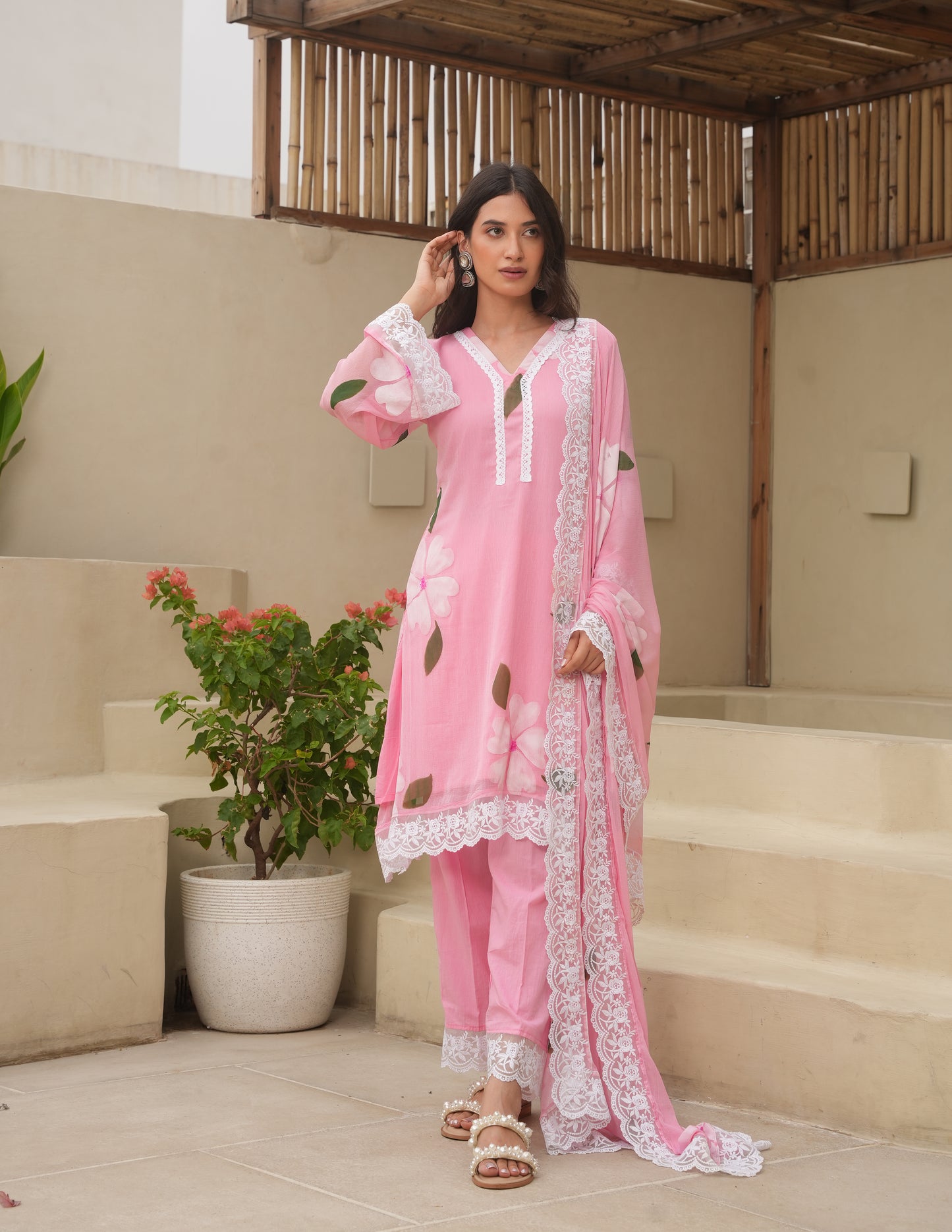 Saga Pink Handpaint Chiffon Suit Set