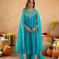 Cyan Blue Chanderi Aari & Handwork Gathered Kurta Set