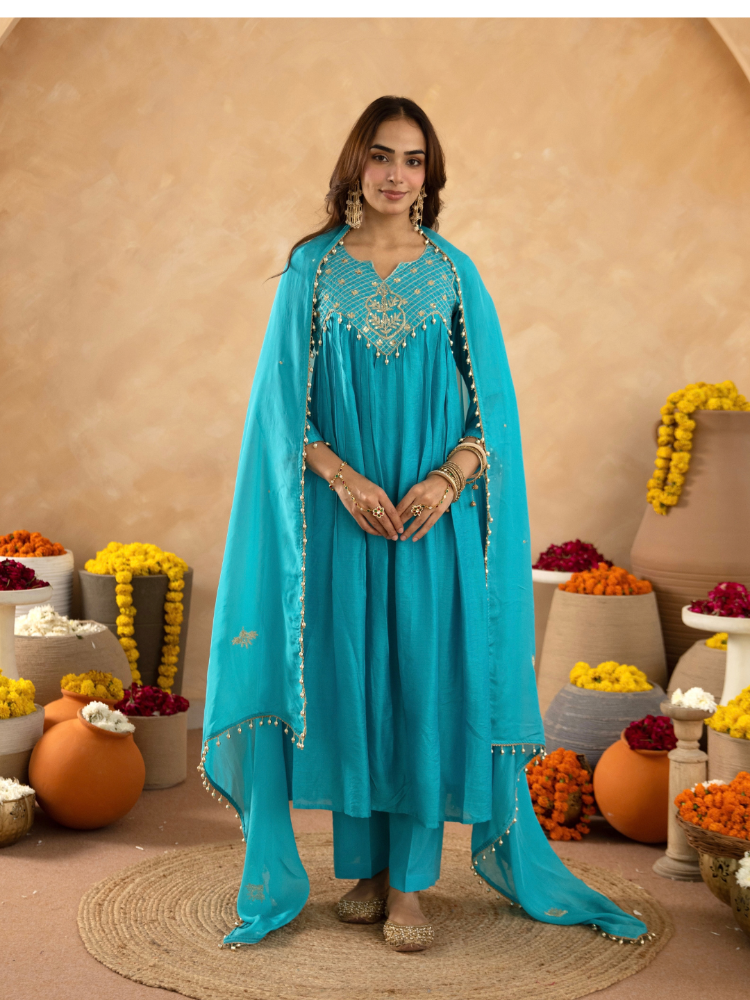 Cyan Blue Chanderi Aari & Handwork Gathered Kurta Set