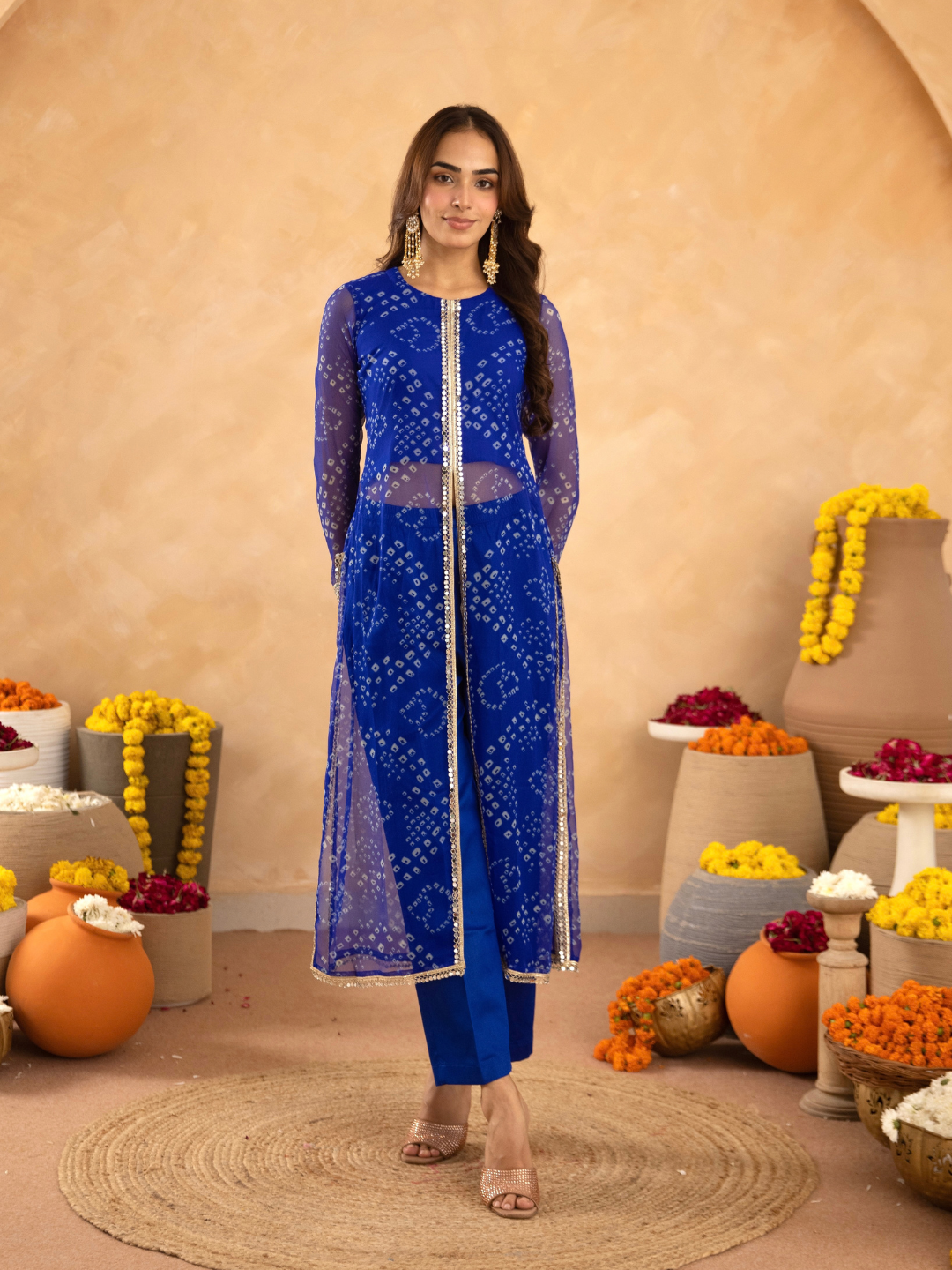 Blue Chiffon Bandhej Mirrorwork Straight Kurta