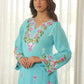 Sky Blue Floral Embroidered Muslin Kurta Set with Pants
