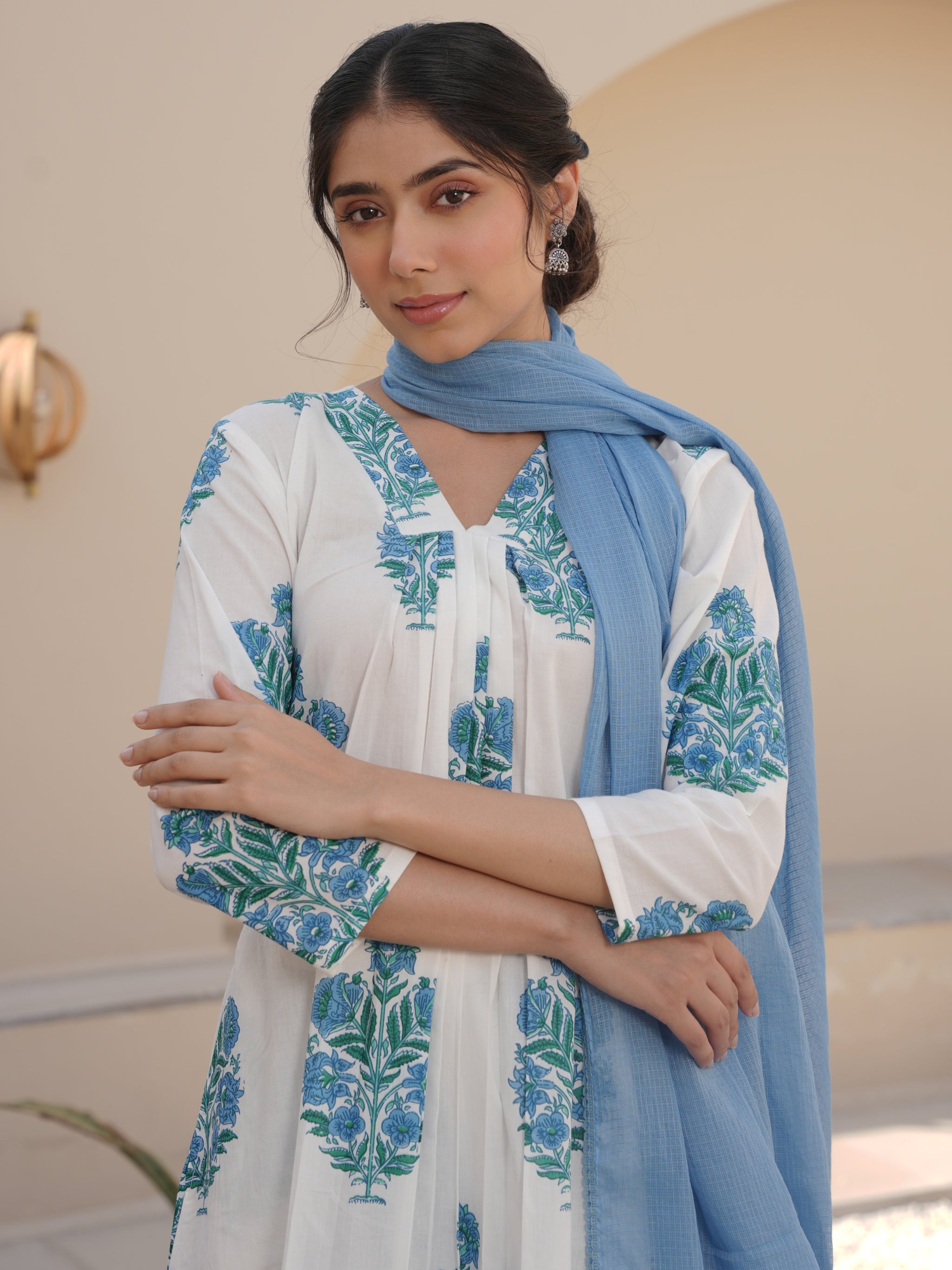 White and Lavender Block Printed Cotton Suit Set main image 0