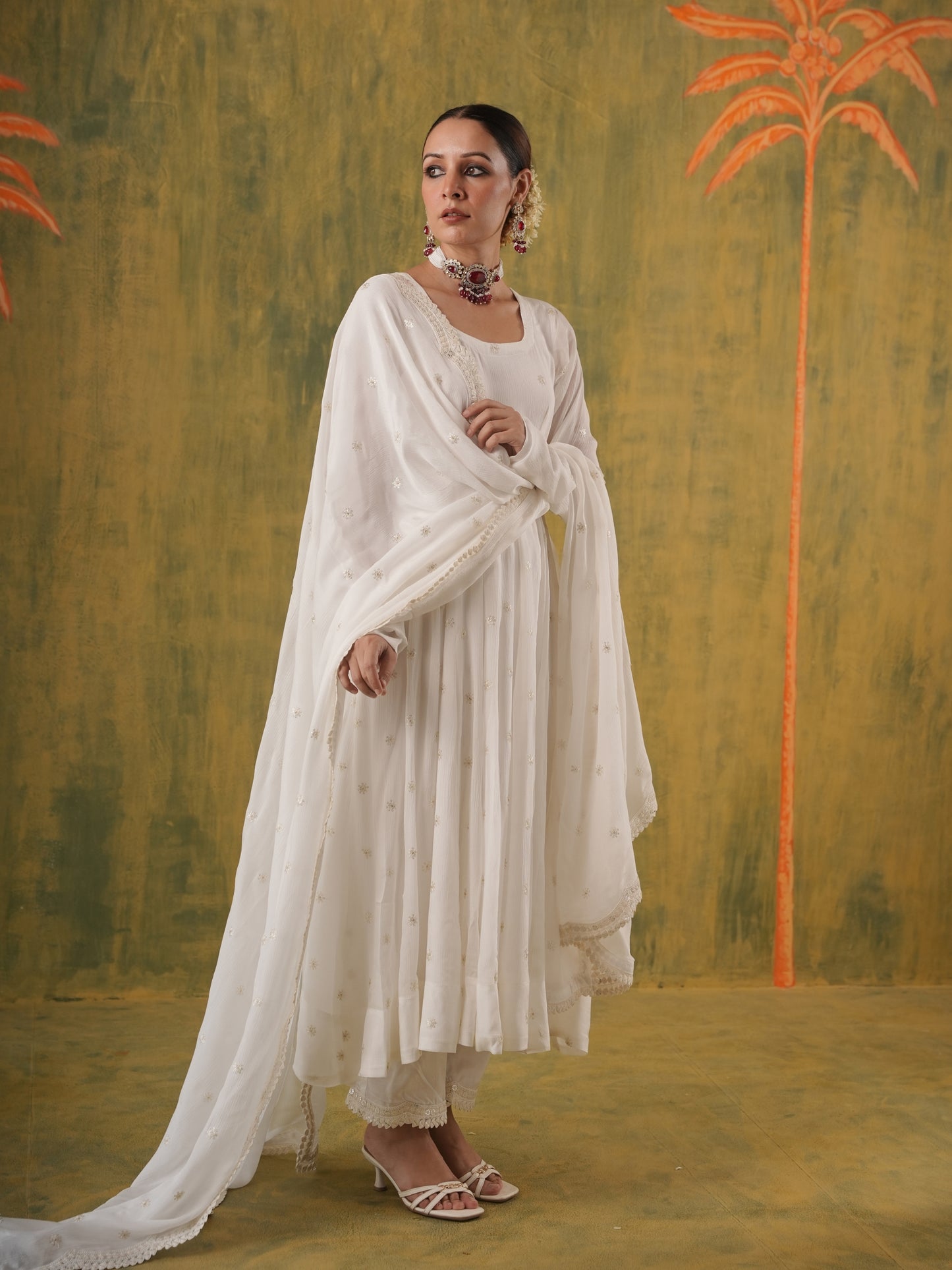Zeenat White Embroidered Anarkali Set