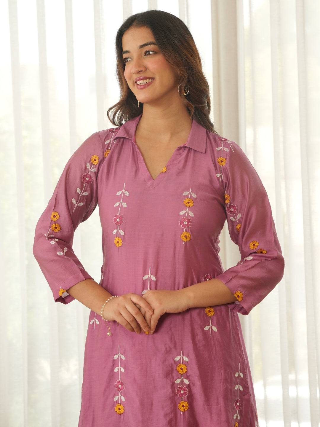 Mauve Pink Embroidered Chanderi Kurta Set with Pants & Dupatta