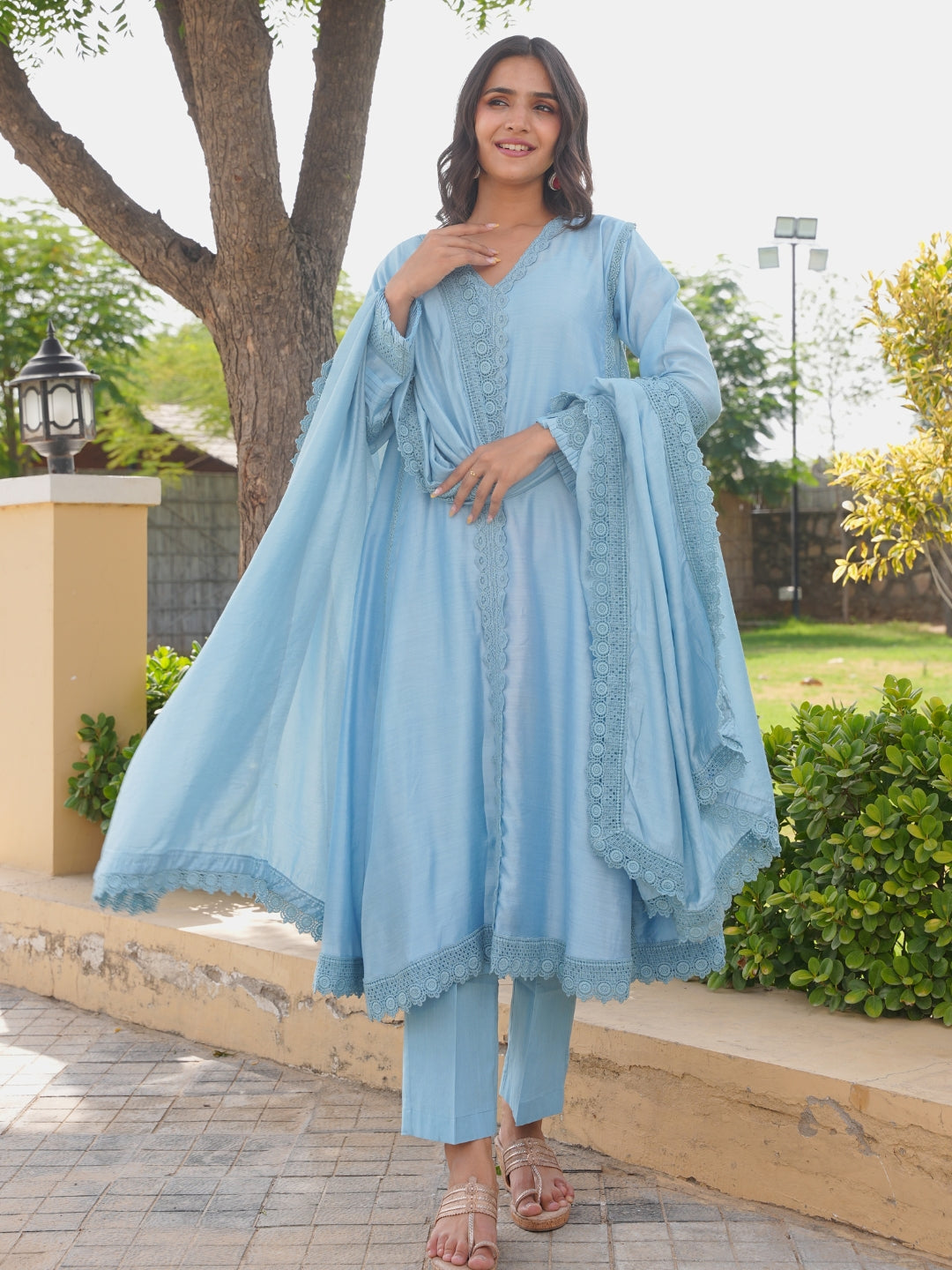 Ice Blue Chanderi Lace Work Kurta Set