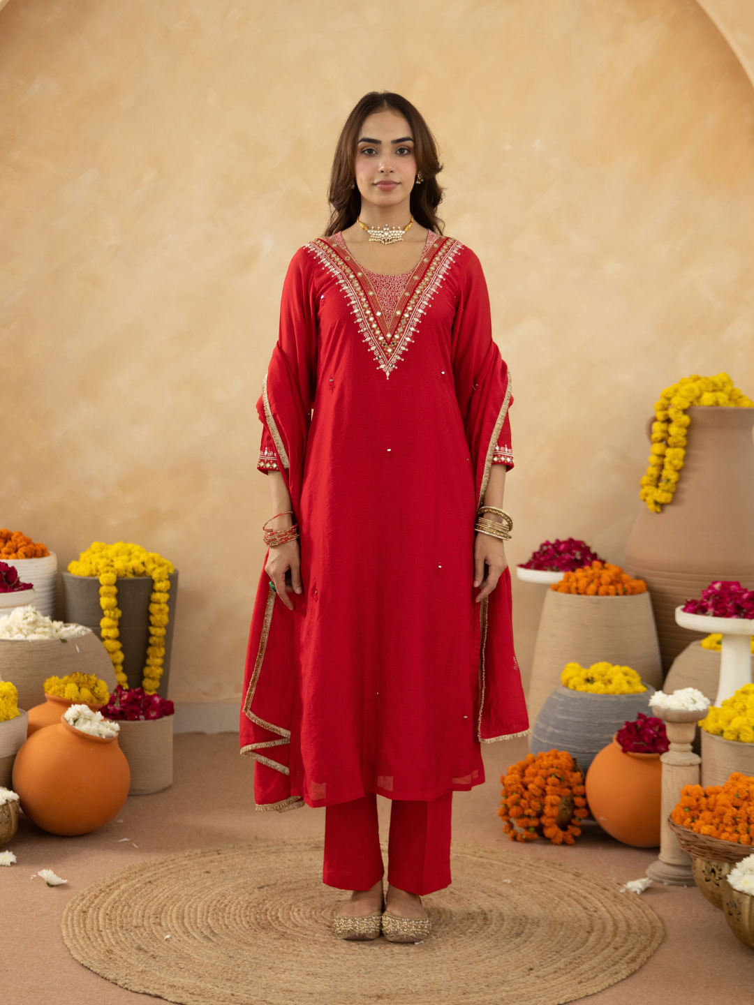 Red Handcrafted Chanderi Mirrorwork Straight Kurta Set