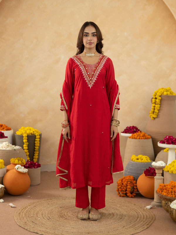 Red Handcrafted Chanderi Mirrorwork Straight Kurta Set