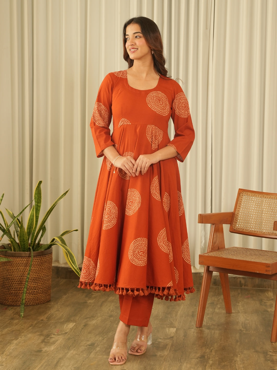 Rust Orange Cotton Screen Print Kurta Set with Pant & Dupatta