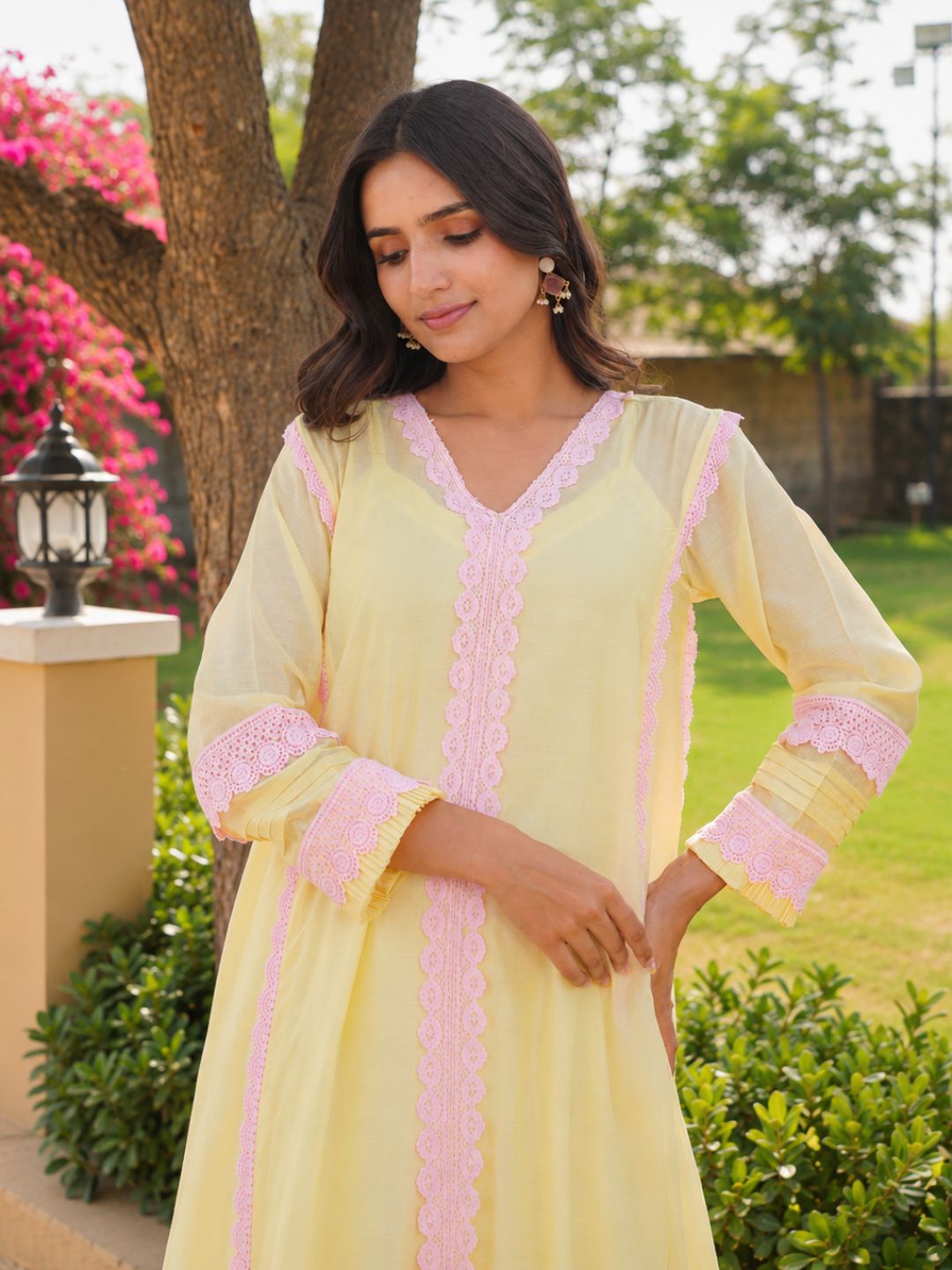 Pastel Yellow Chanderi Lace Work Kurta Set