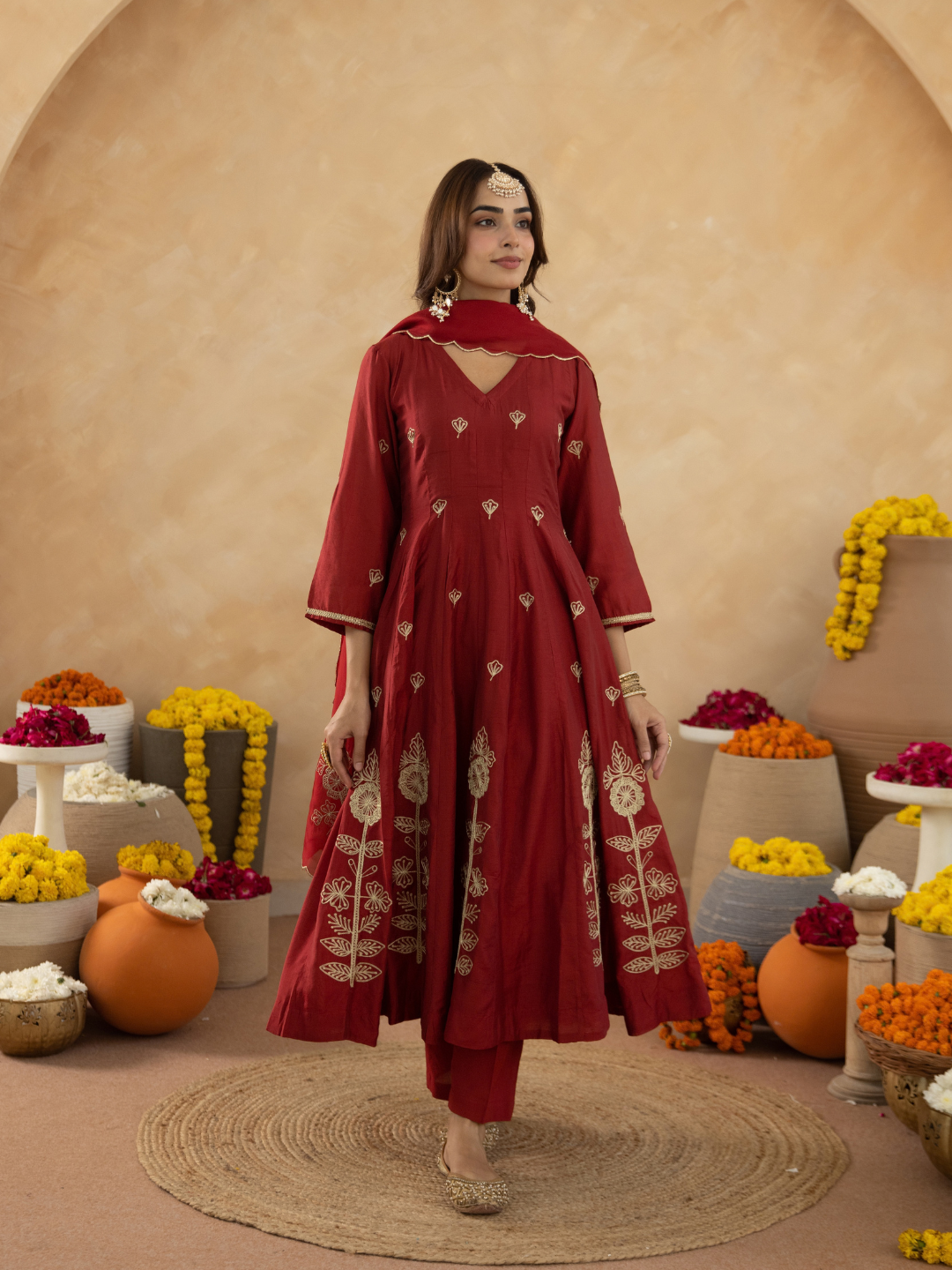 Maroon Floral Aari Embroidered Anarkali Set