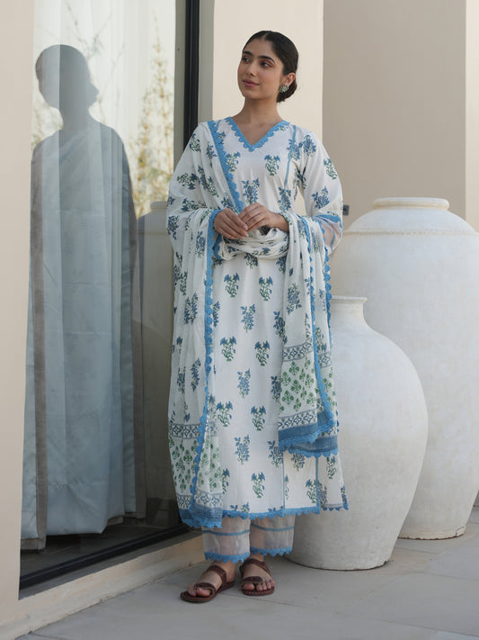 MAGNOLIA WHITE COTTON BLOCK PRINT SUIT SET
