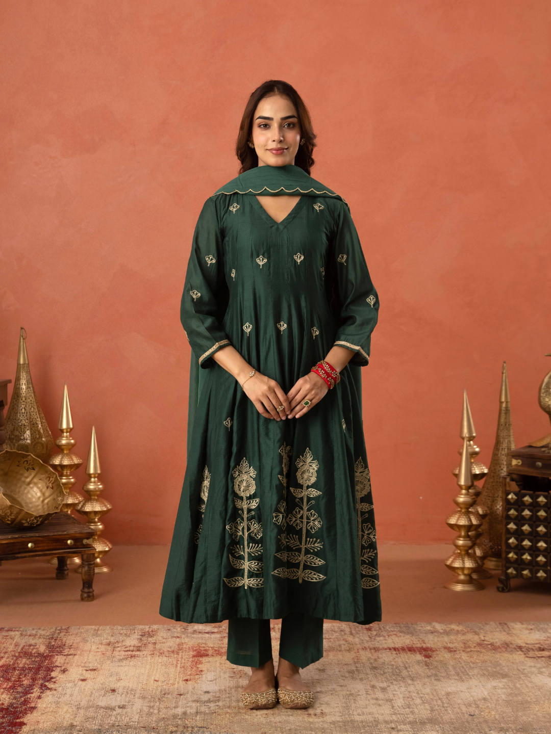 Bottle Green Floral Aari Embroidered Anarkali Set