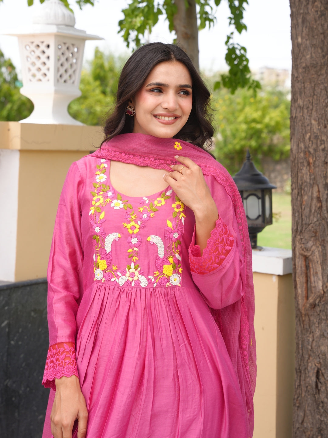 Rose Pink Floral Handwork Chanderi Kurta Set