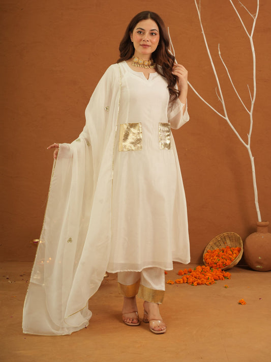 Apsaara White Chanderi Gota Suit Set