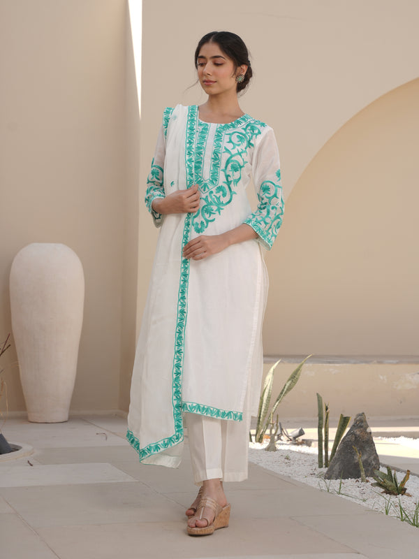 SNOWY WHITE CHANDERI EMBROIDERED SUIT SET