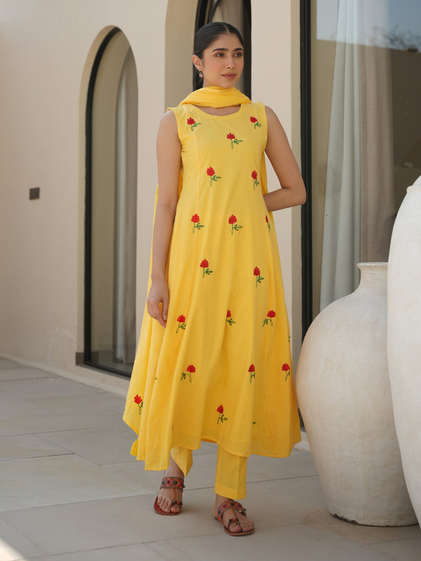 CLOVER YELLOW COTTON FLORAL EMBROIDERY SUIT SET