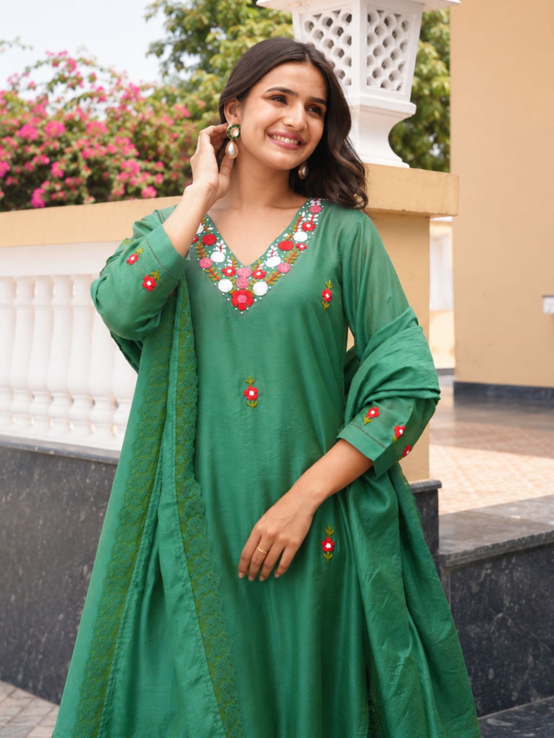 Green Floral Hand Embroidered Chanderi Kurta Set