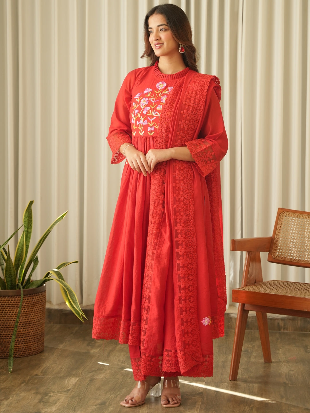 Crimson Red Aari Embroidered Chanderi Suit Set