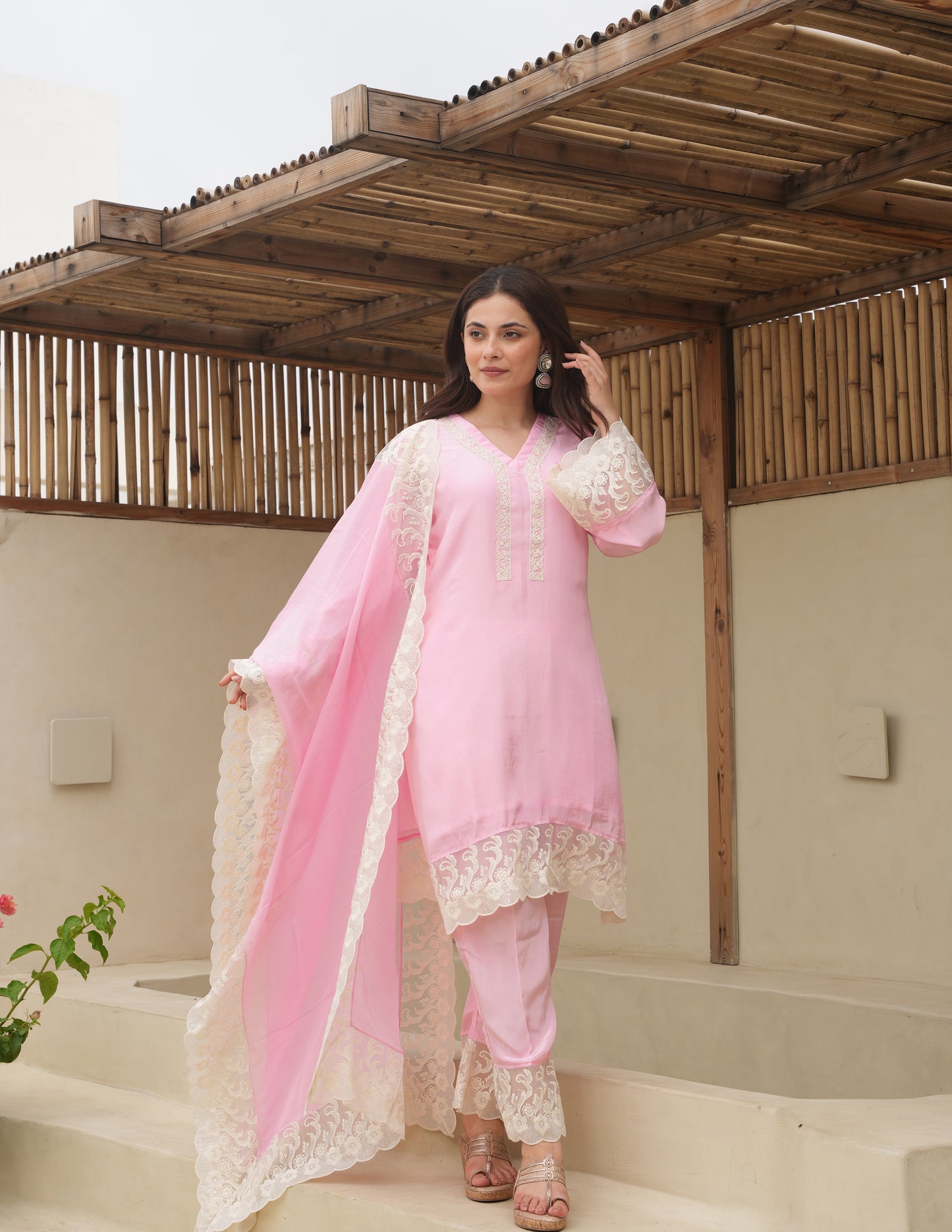 Ella Baby Pink Silk Straight Suit Set