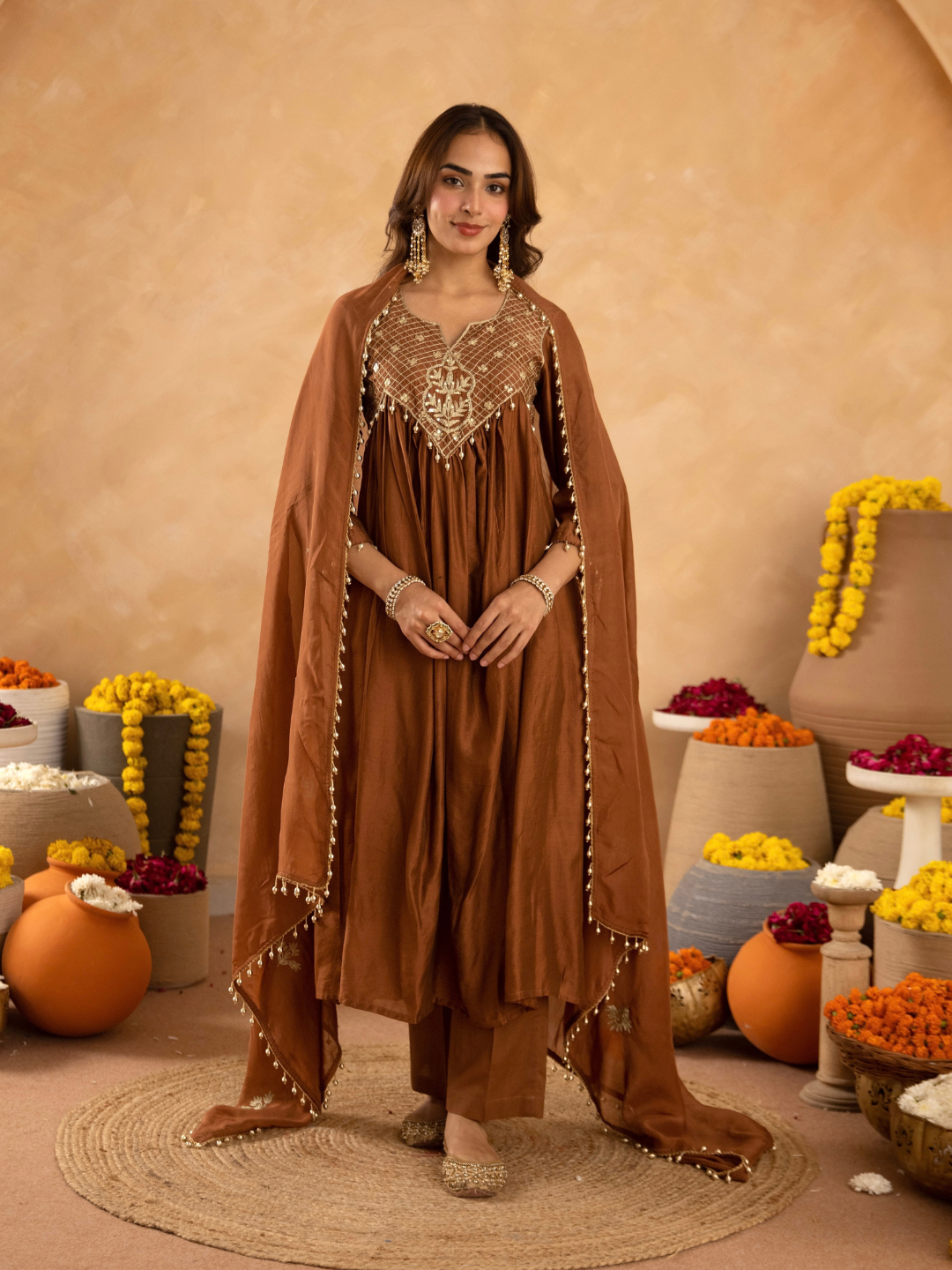 Brown Chanderi Aari & Handwork Gathered Kurta Set