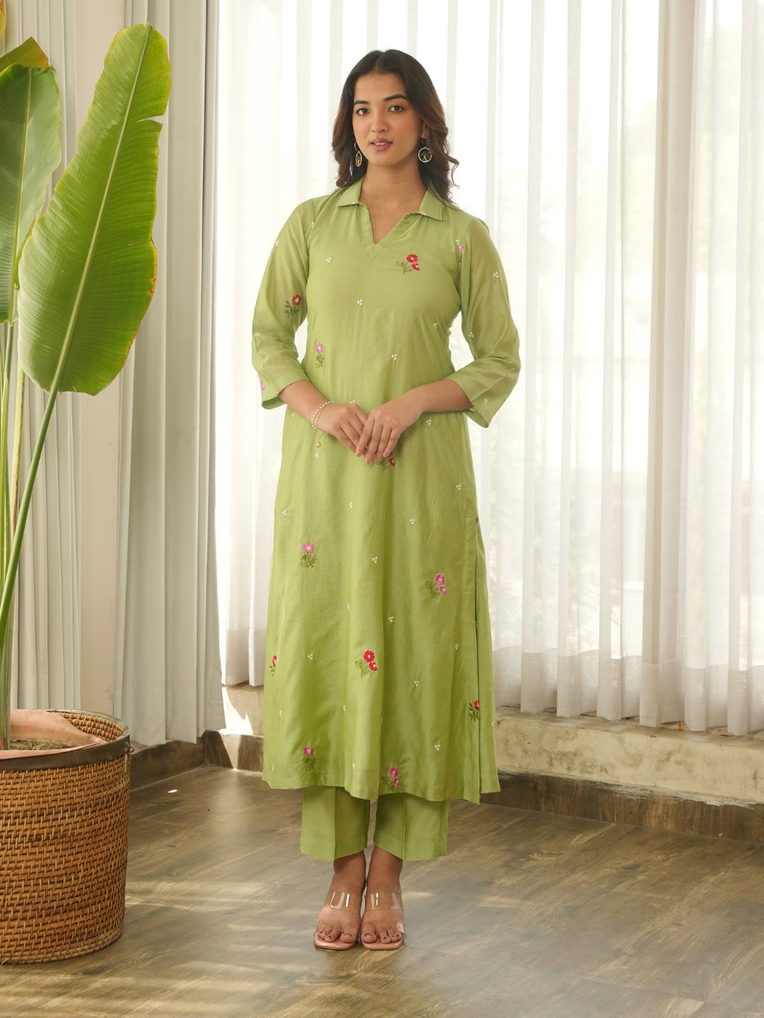 Pistachio Green Embroidered Chanderi Kurta Set with Pants