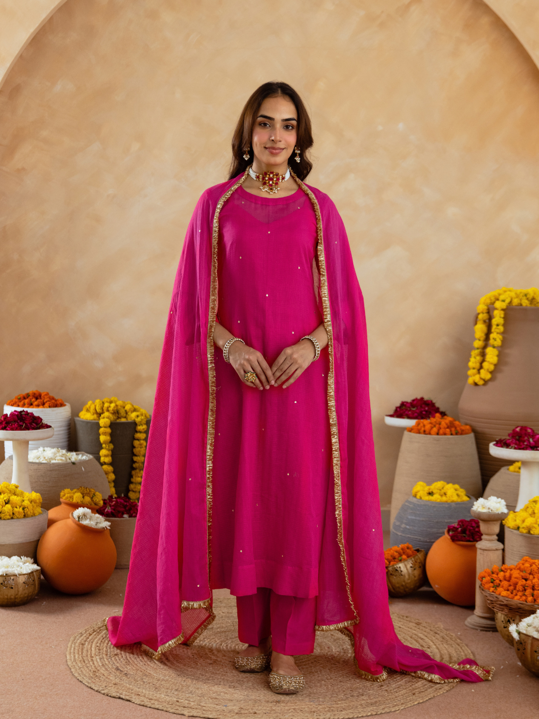 Fuchsia Pink Doria Hand Embroidered A- Line Kurta  Set