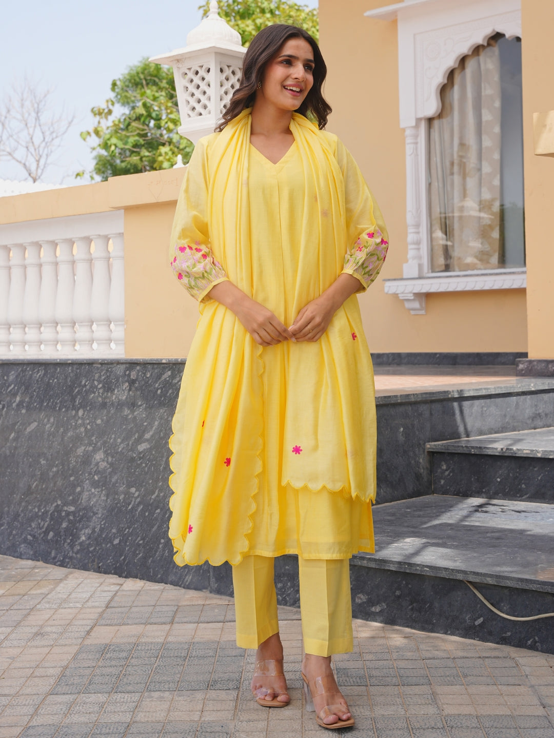 Sunflower Floral Aari Work Chanderi Kurta Set