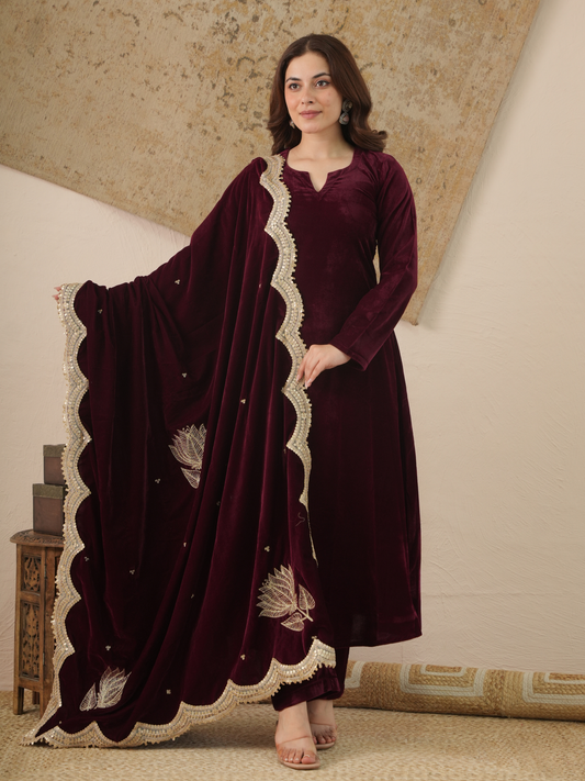 Zehra Wine Velvet Kurta With Pant & Dupatta