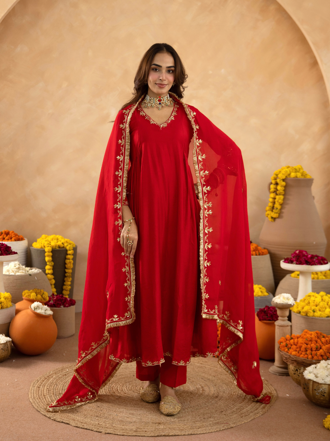 Red Hand Embroidered Chanderi Gathered Kurta Set with  Sequin Dupatta