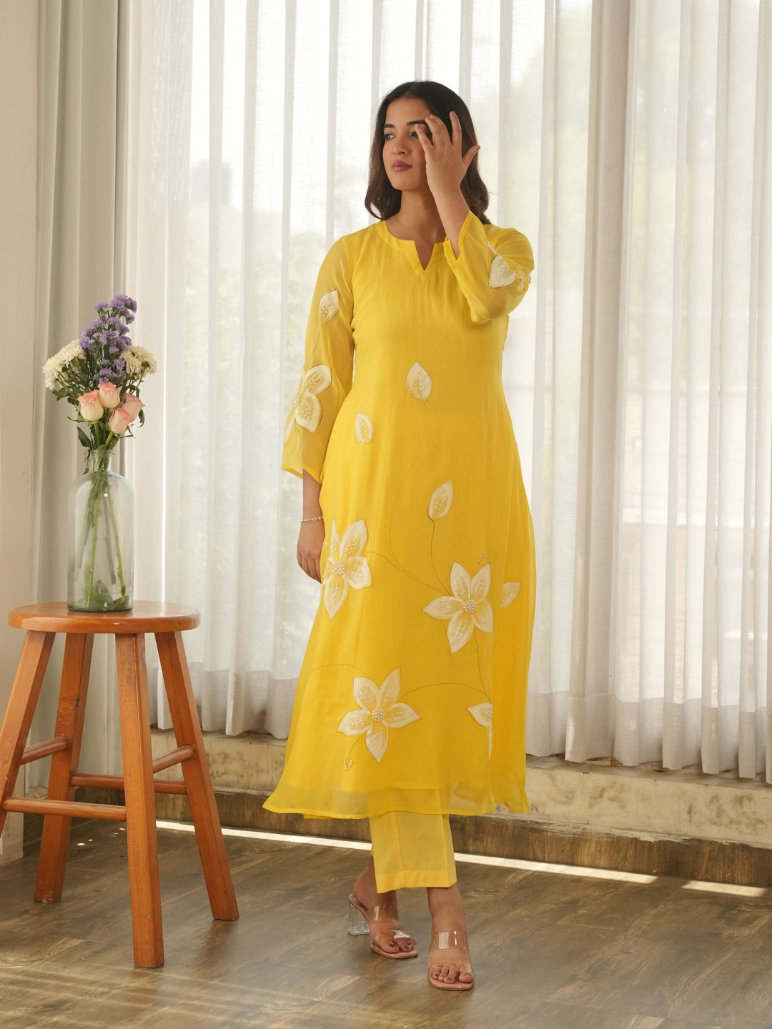 Lemon Yellow Hand Paint Soft Organza Suit Set