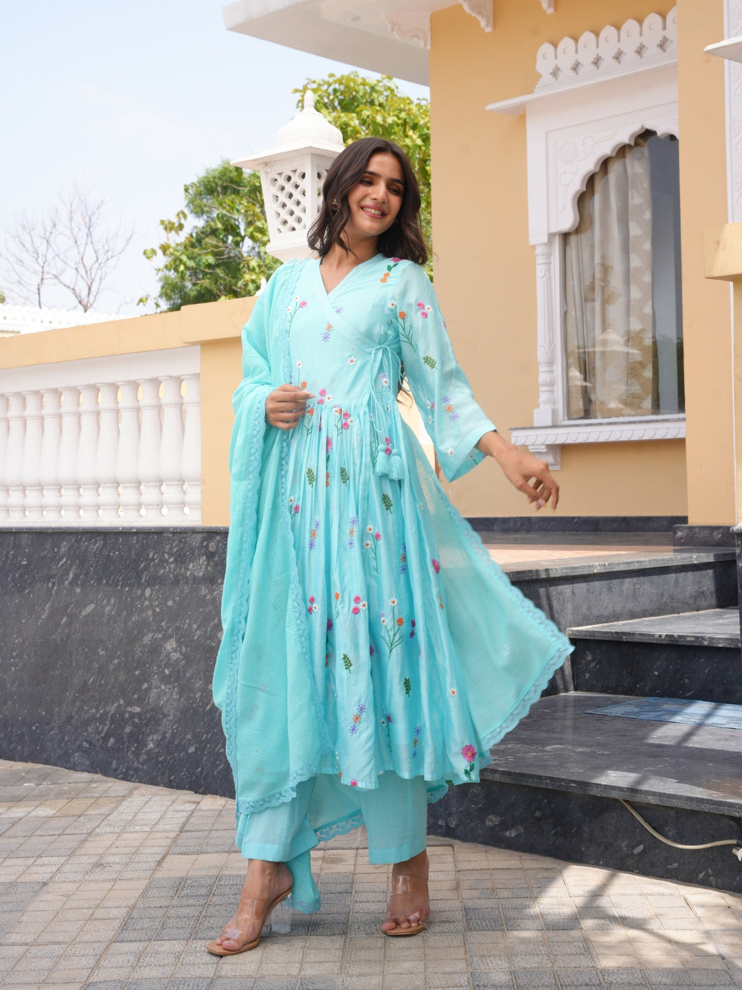 Aqua Blossom Chanderi Angrakha Kurta Set
