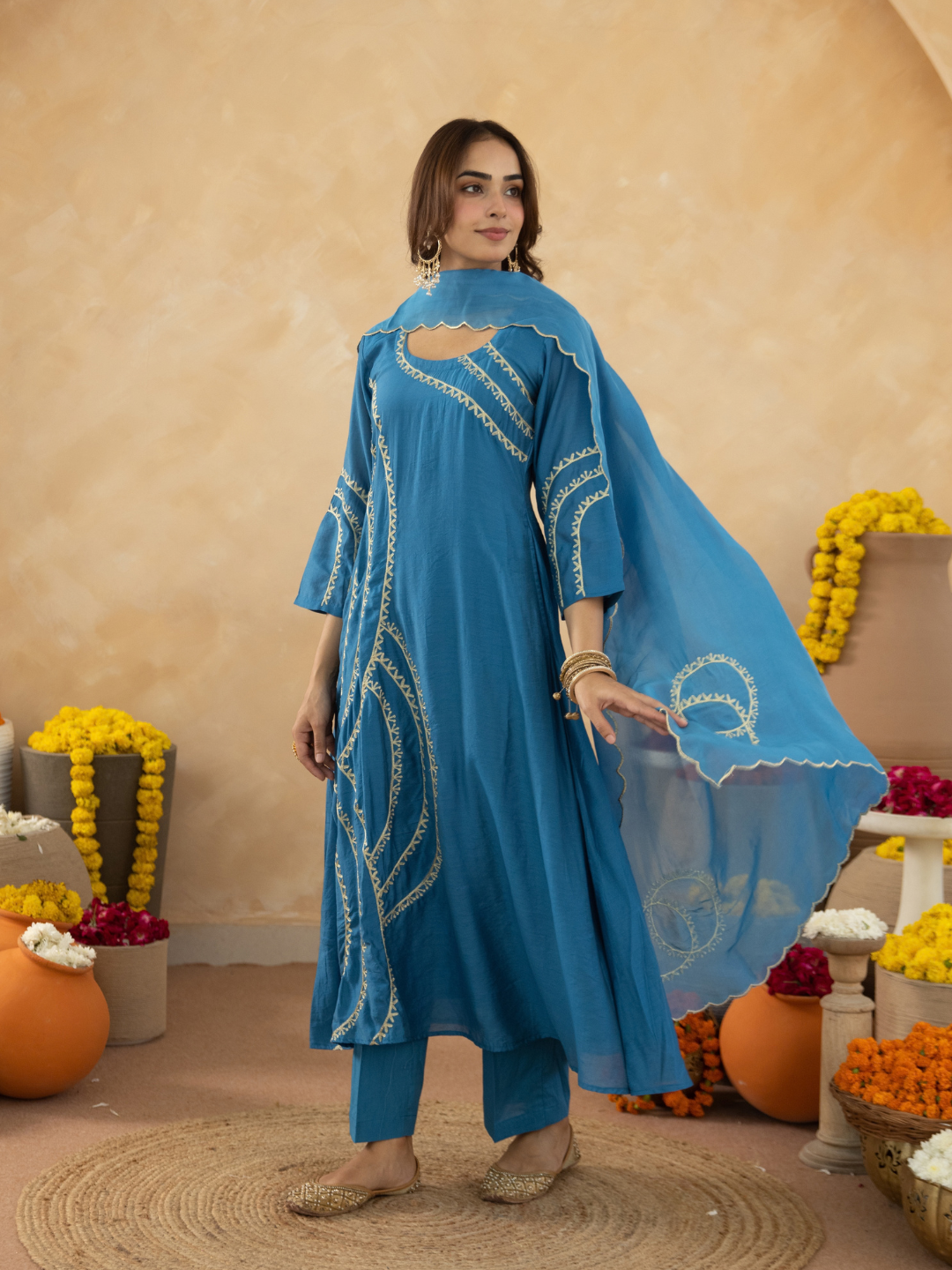 Blue Chanderi Aari Embroidered A- Line Kurta Set
