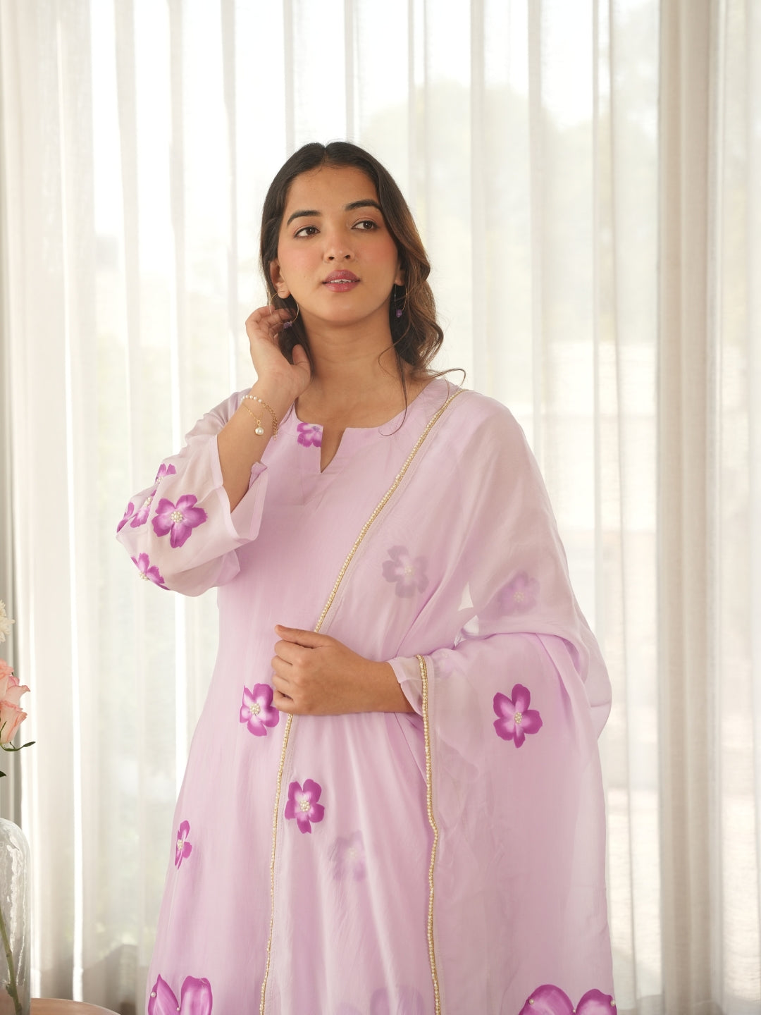 Mauve Blossom Hand Paint Soft Organza Suit Set