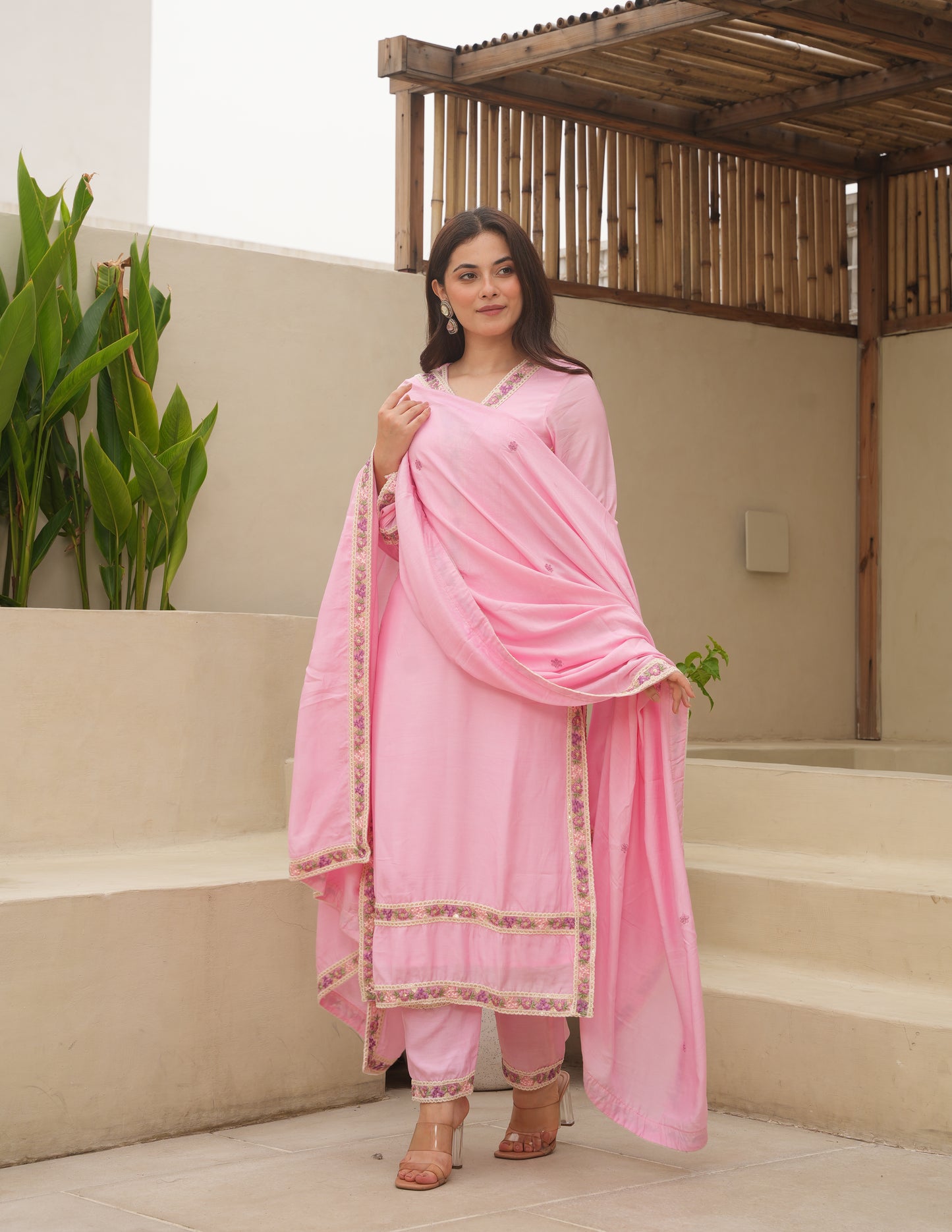 Pink Maslin Embroidered Suit Set