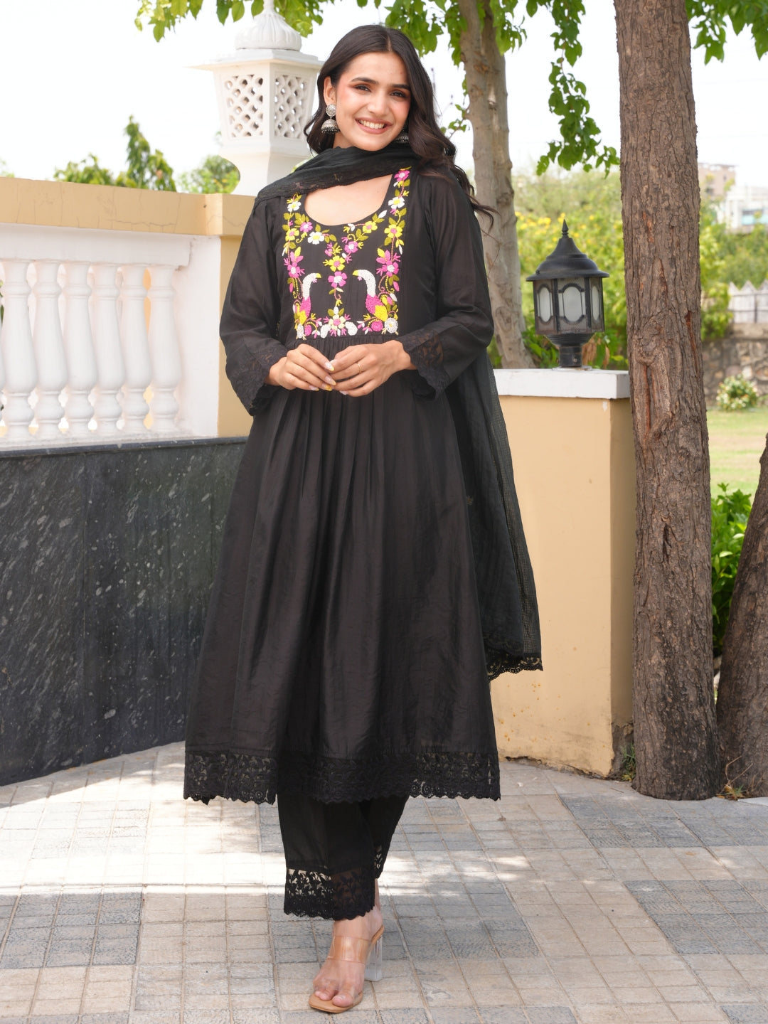 Floral Wine Black Hand Embroidery Chanderi Kurta Set