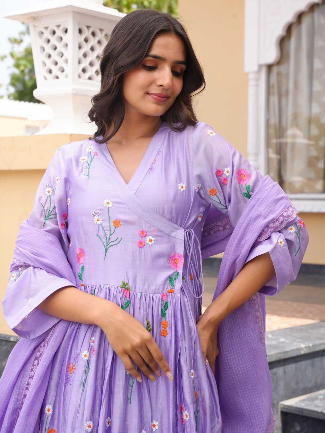 Lavender Daisy Chanderi Angrakha Kurta Set