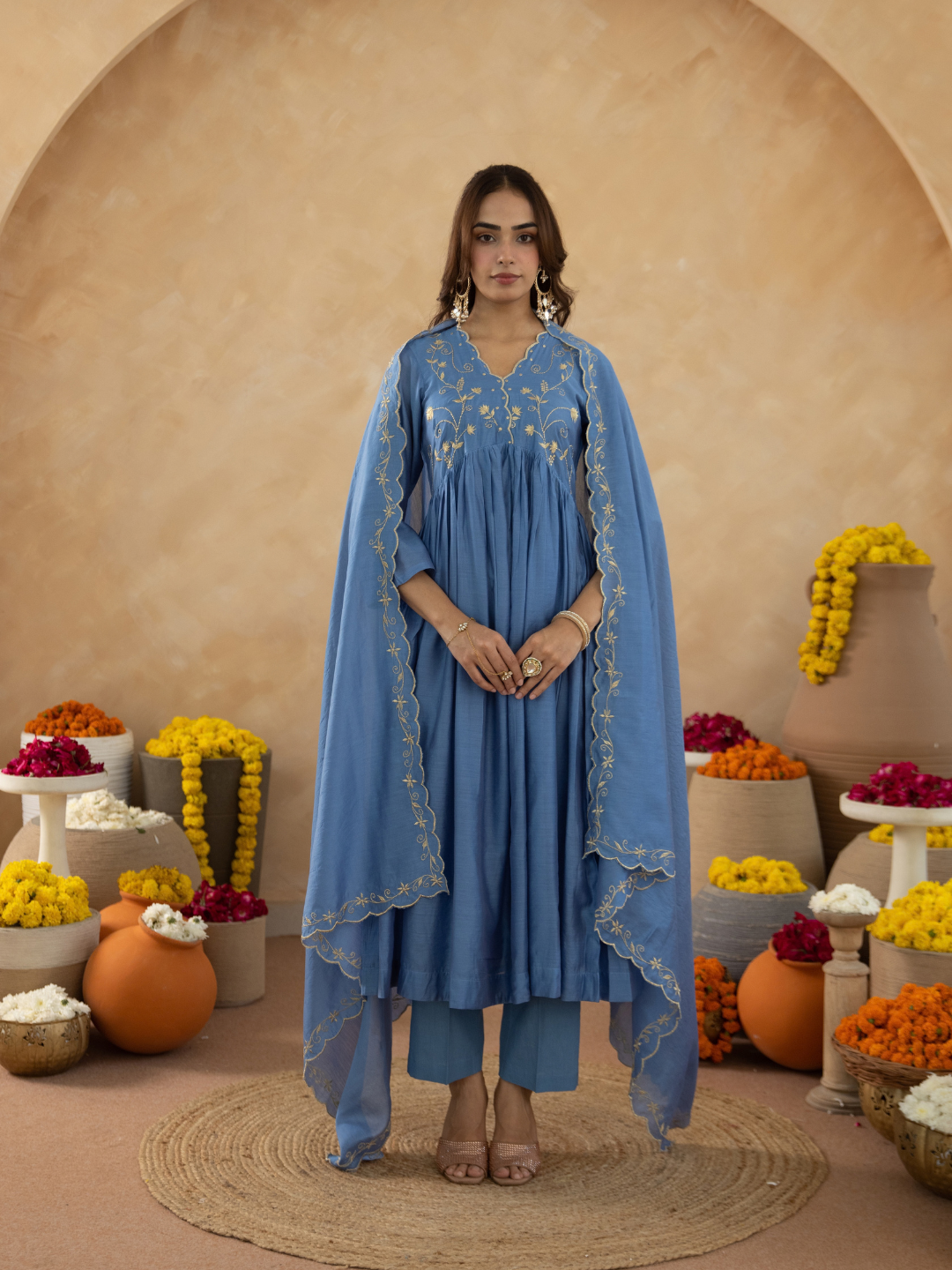 Dusty Blue Chanderi Zari Embroidered Gathered  Kurta Set