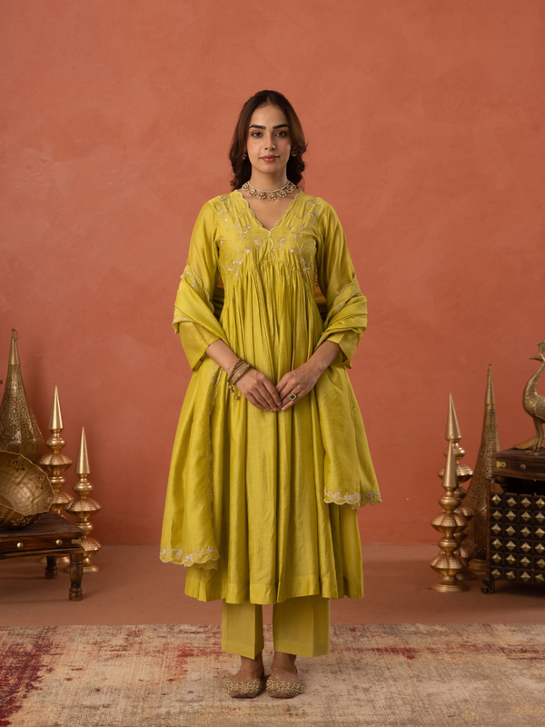 Mustard Yellow Chanderi Zari Embroidered Gathered  Kurta Set