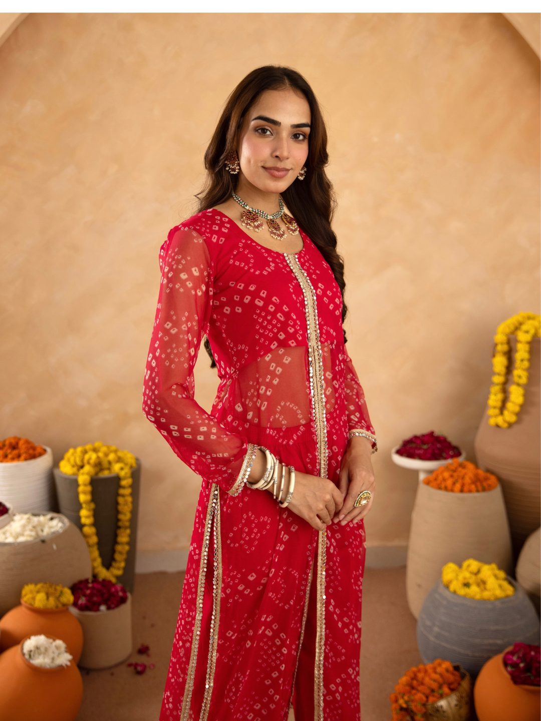 Pink Chiffon Bandhej Mirrorwork Straight Kurta