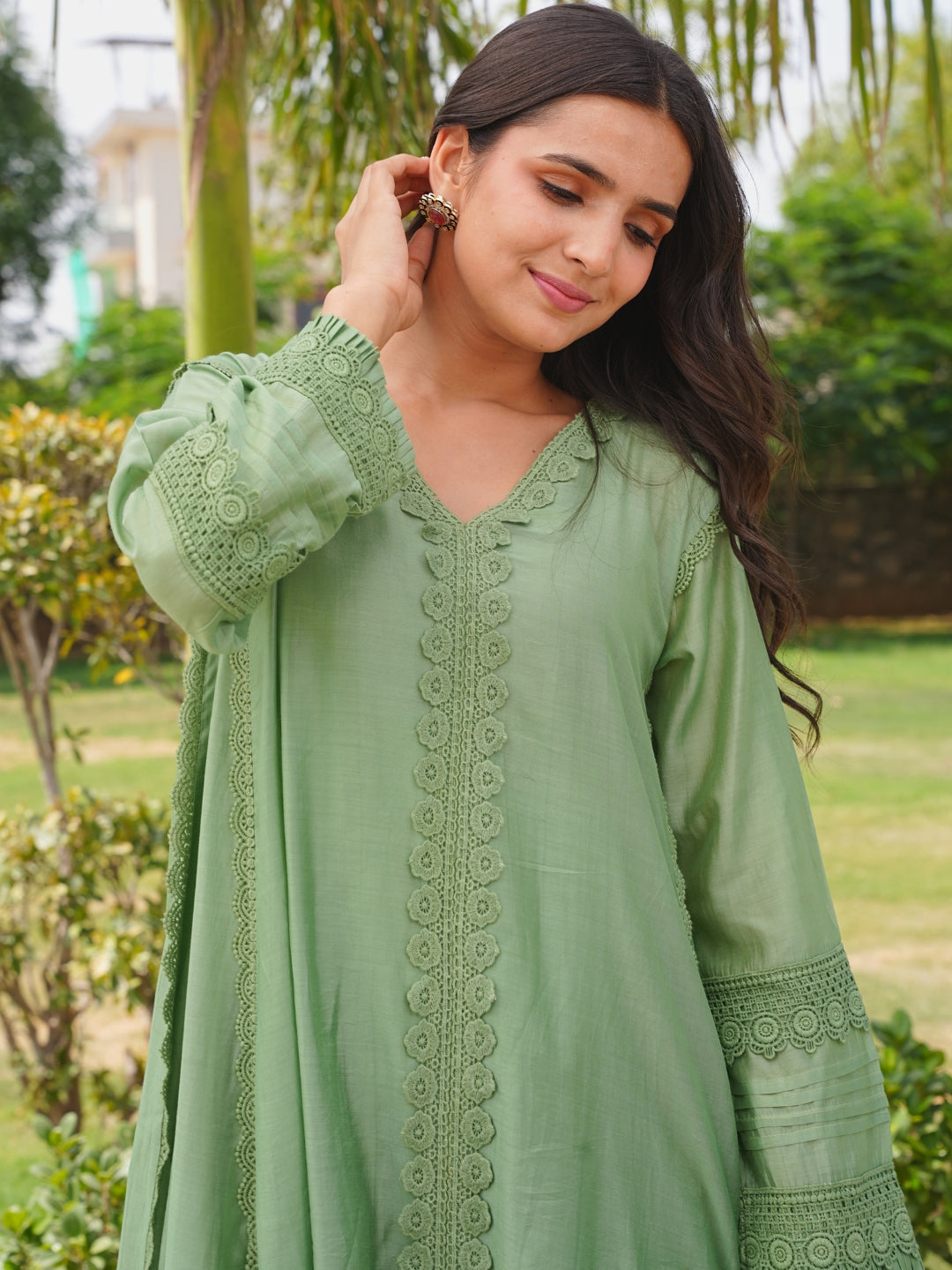 Pista Chanderi Lace Work Kurta Set