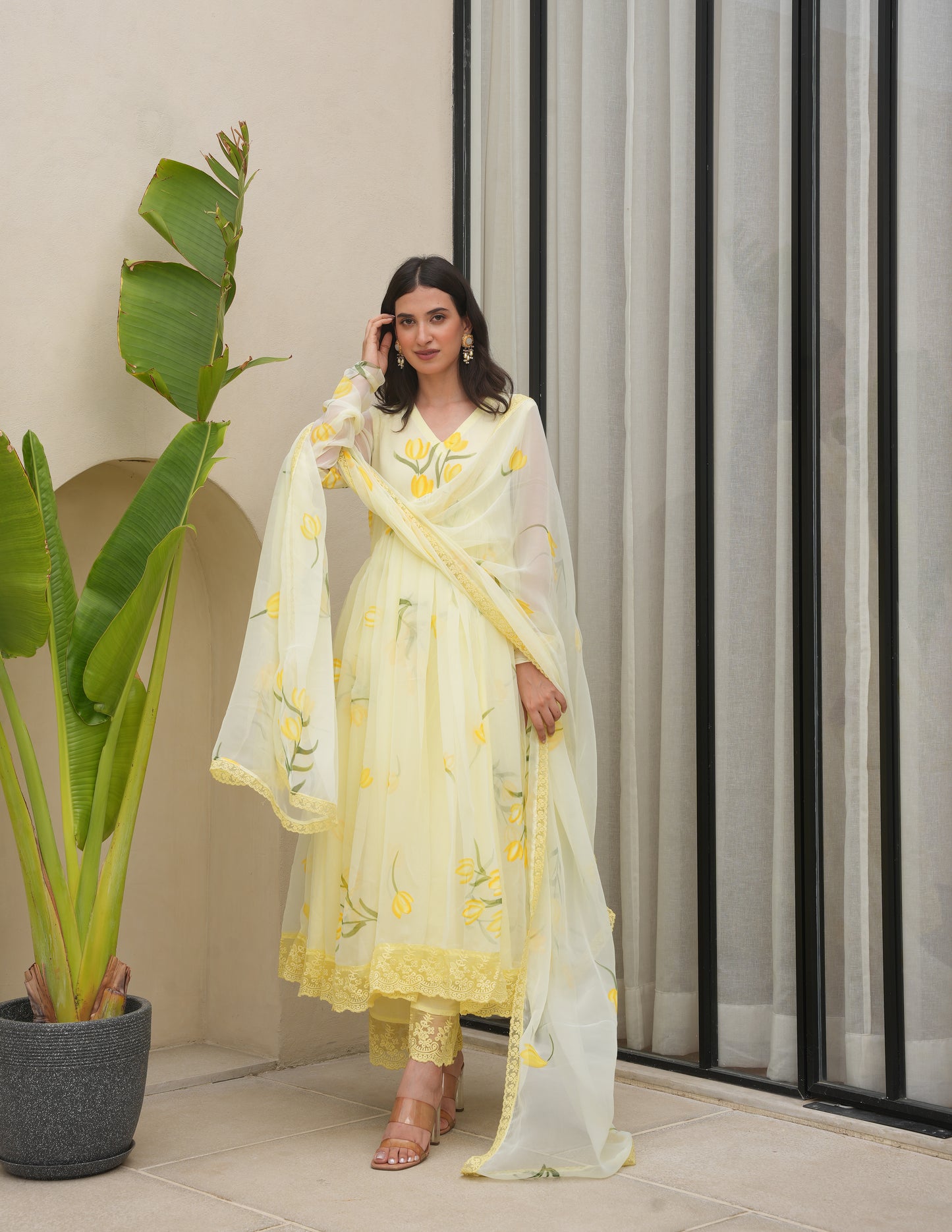 Periwinkle Yellow Chiffon Handpaint Suit Set